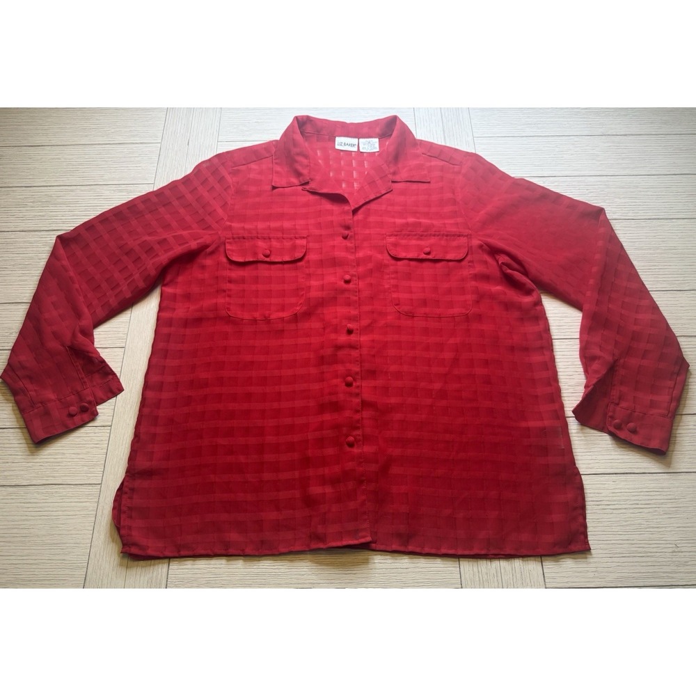 LIZ BAKER Women's Red Vintage‎ Button Up Semi Sheer Blouse Long Sleeves Size 14